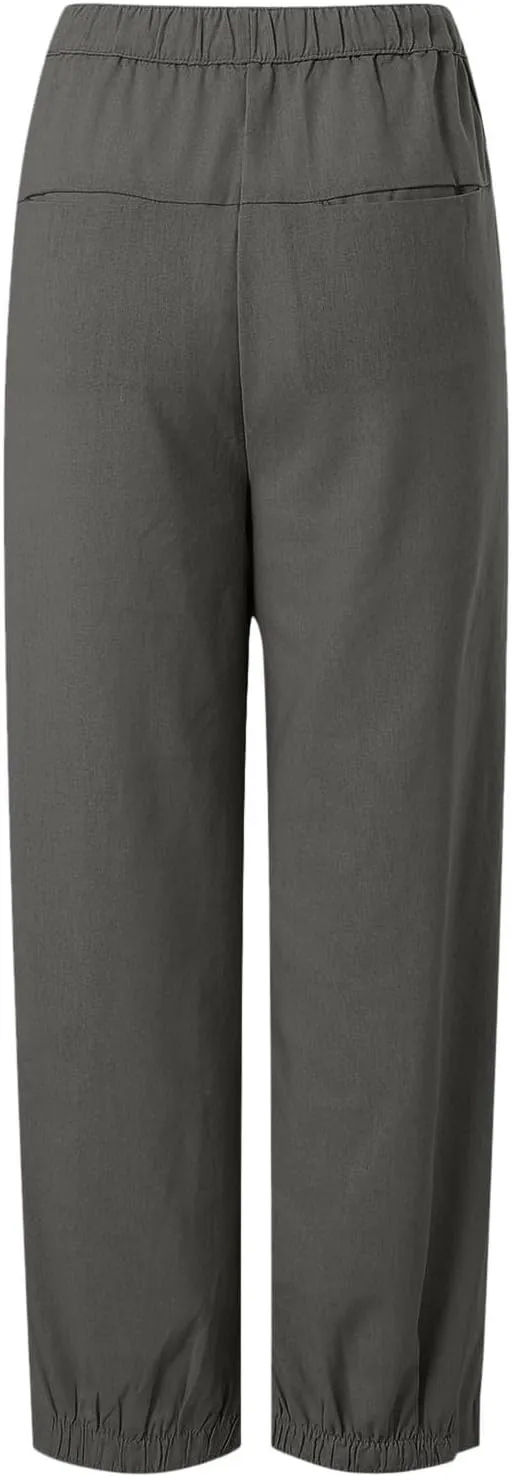 Womens Linen Straight Leg Pants Casual High Waist Loose Cozy Beach Pleated Lounge Trousers with Pockets