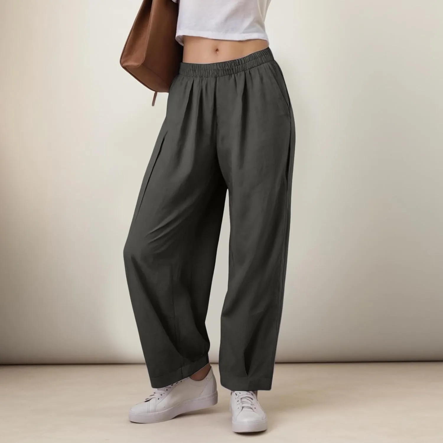 Womens Linen Straight Leg Pants Casual High Waist Loose Cozy Beach Pleated Lounge Trousers with Pockets