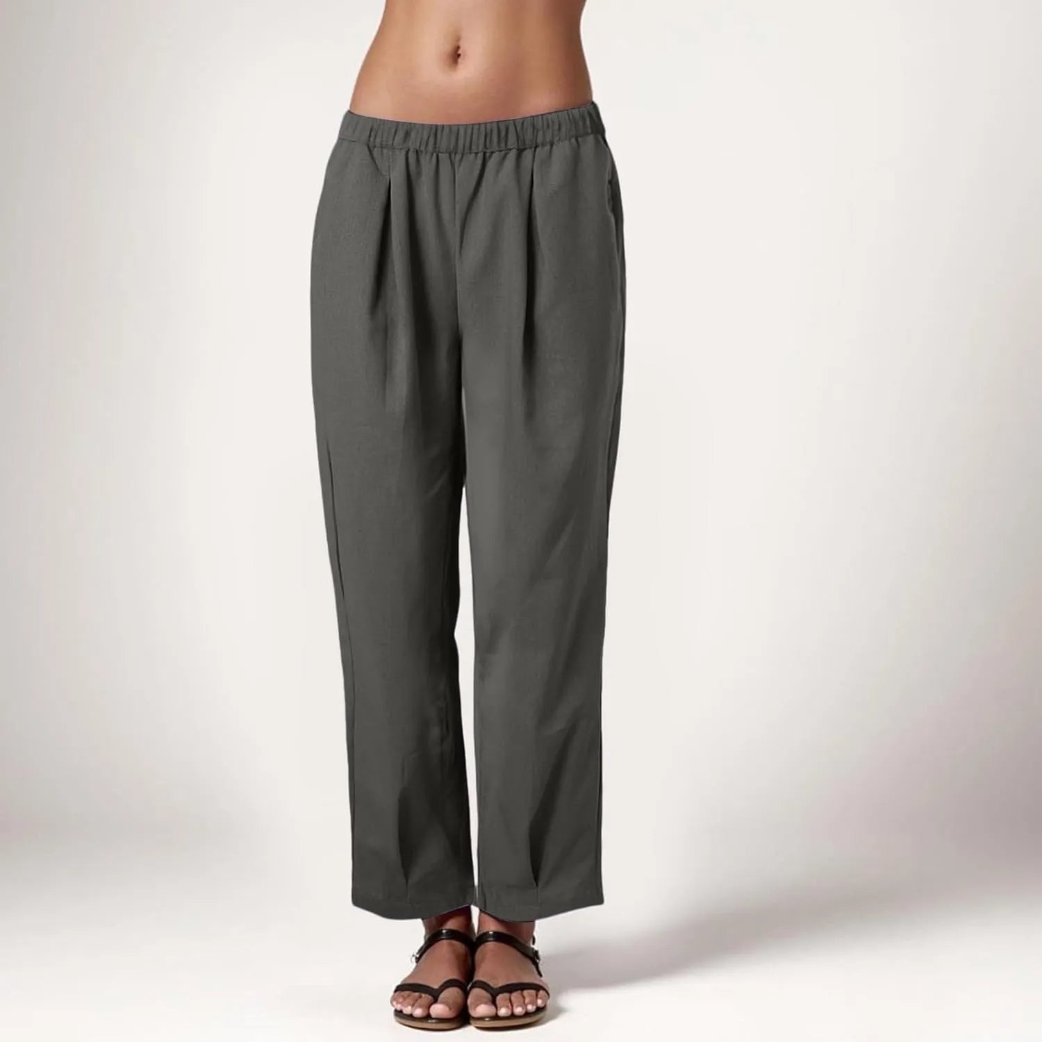 Womens Linen Straight Leg Pants Casual High Waist Loose Cozy Beach Pleated Lounge Trousers with Pockets