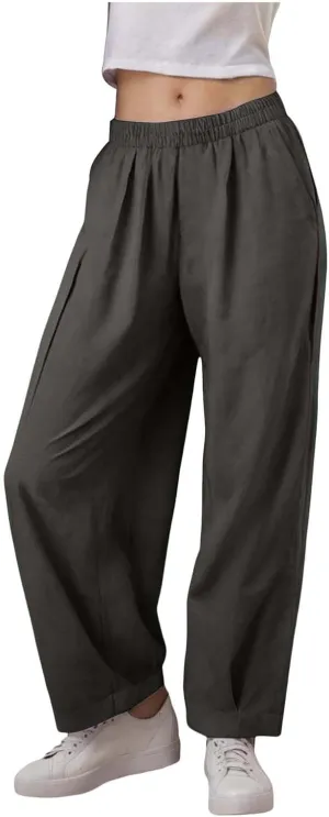 Womens Linen Straight Leg Pants Casual High Waist Loose Cozy Beach Pleated Lounge Trousers with Pockets