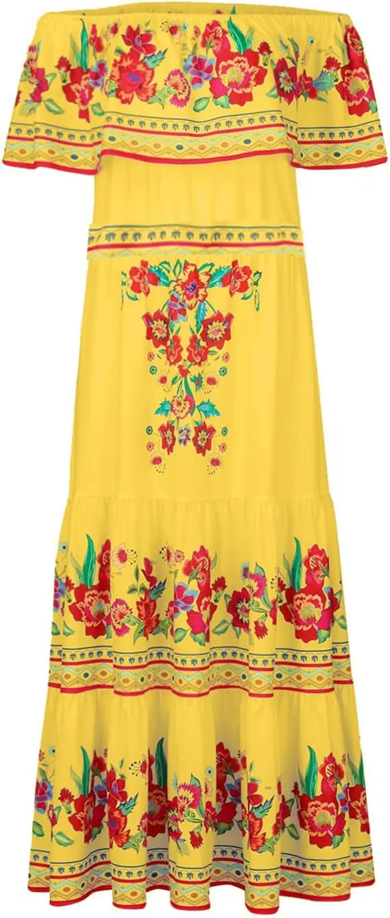 Women's Long Maxi Dress Sexy Off Shoulder Boho Floral Dress Ruffle Short Sleeve Smocked Flowy A Line Beach Dress