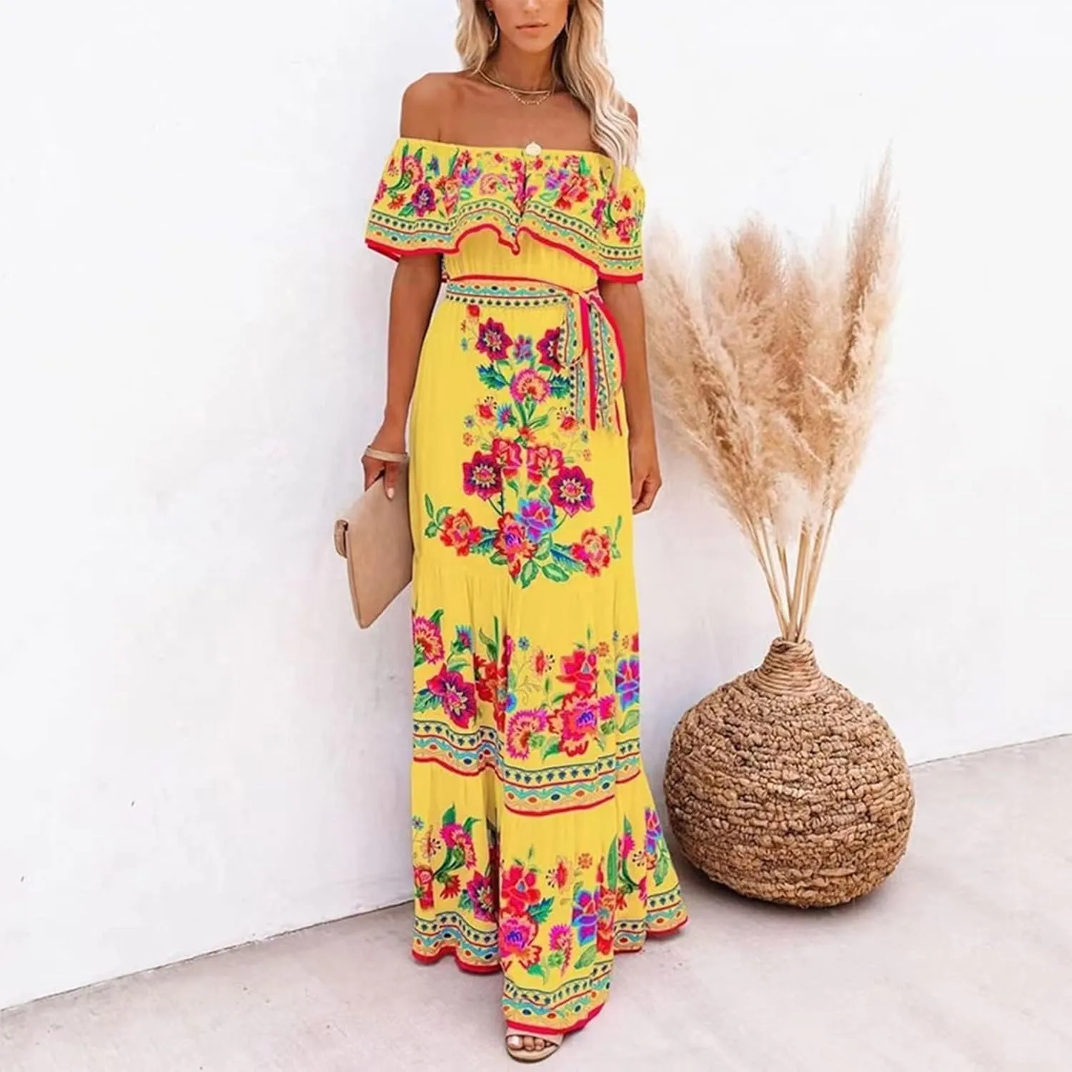 Women's Long Maxi Dress Sexy Off Shoulder Boho Floral Dress Ruffle Short Sleeve Smocked Flowy A Line Beach Dress
