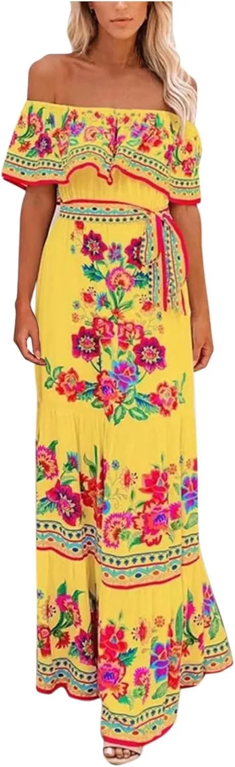 Women's Long Maxi Dress Sexy Off Shoulder Boho Floral Dress Ruffle Short Sleeve Smocked Flowy A Line Beach Dress