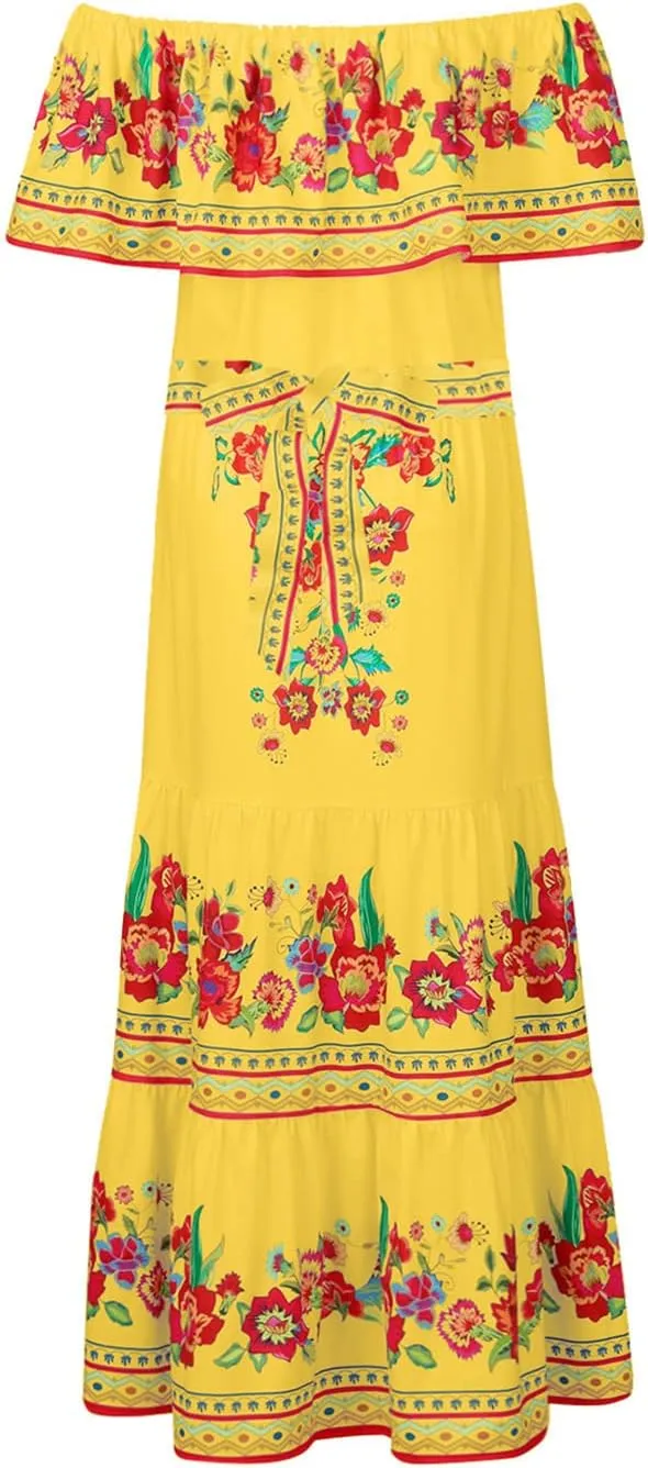 Women's Long Maxi Dress Sexy Off Shoulder Boho Floral Dress Ruffle Short Sleeve Smocked Flowy A Line Beach Dress