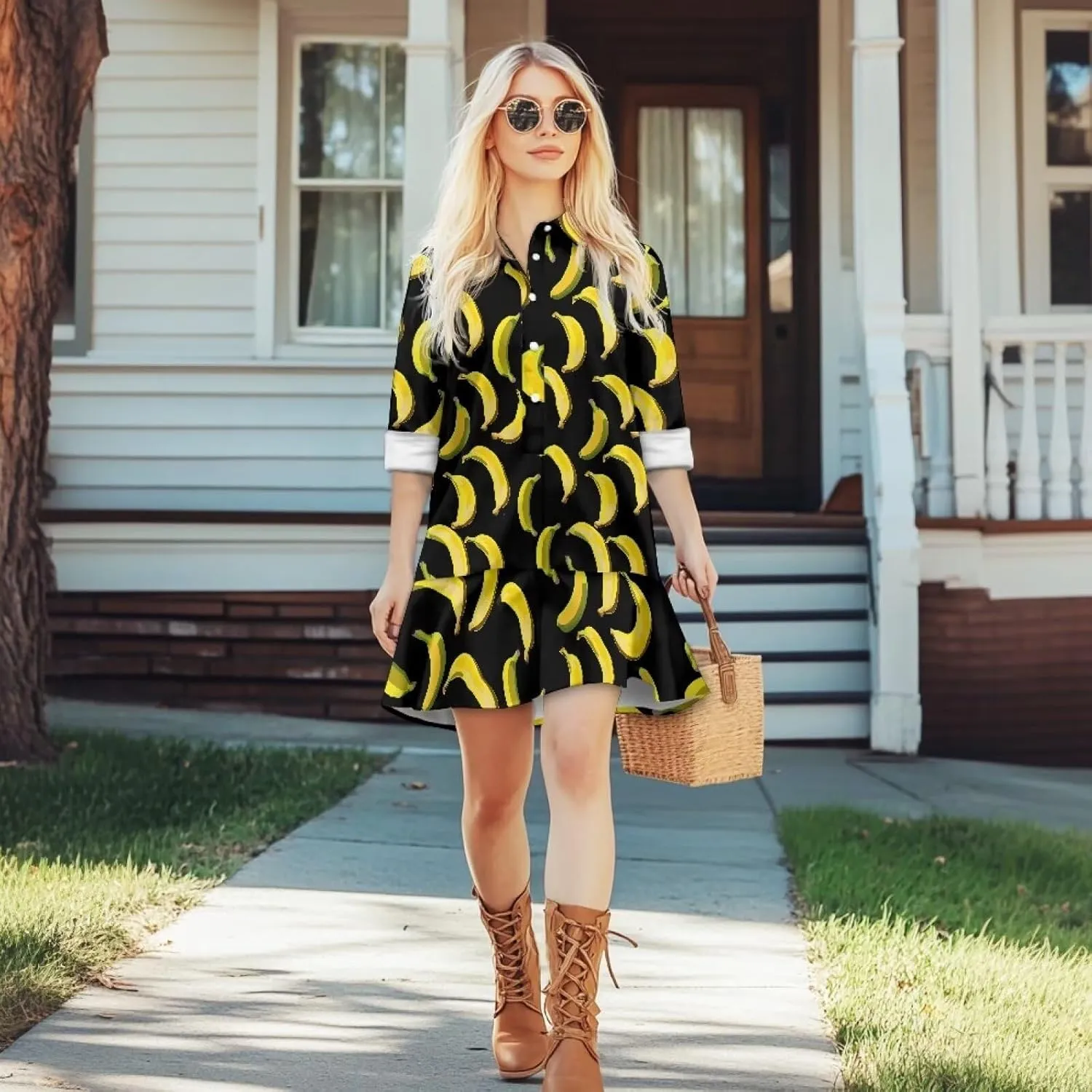 Women's Long Sleeve Button Down Shirt Dress Fashion Casual Flowy Mini Dress with Pockets Loose Ruffle Hem