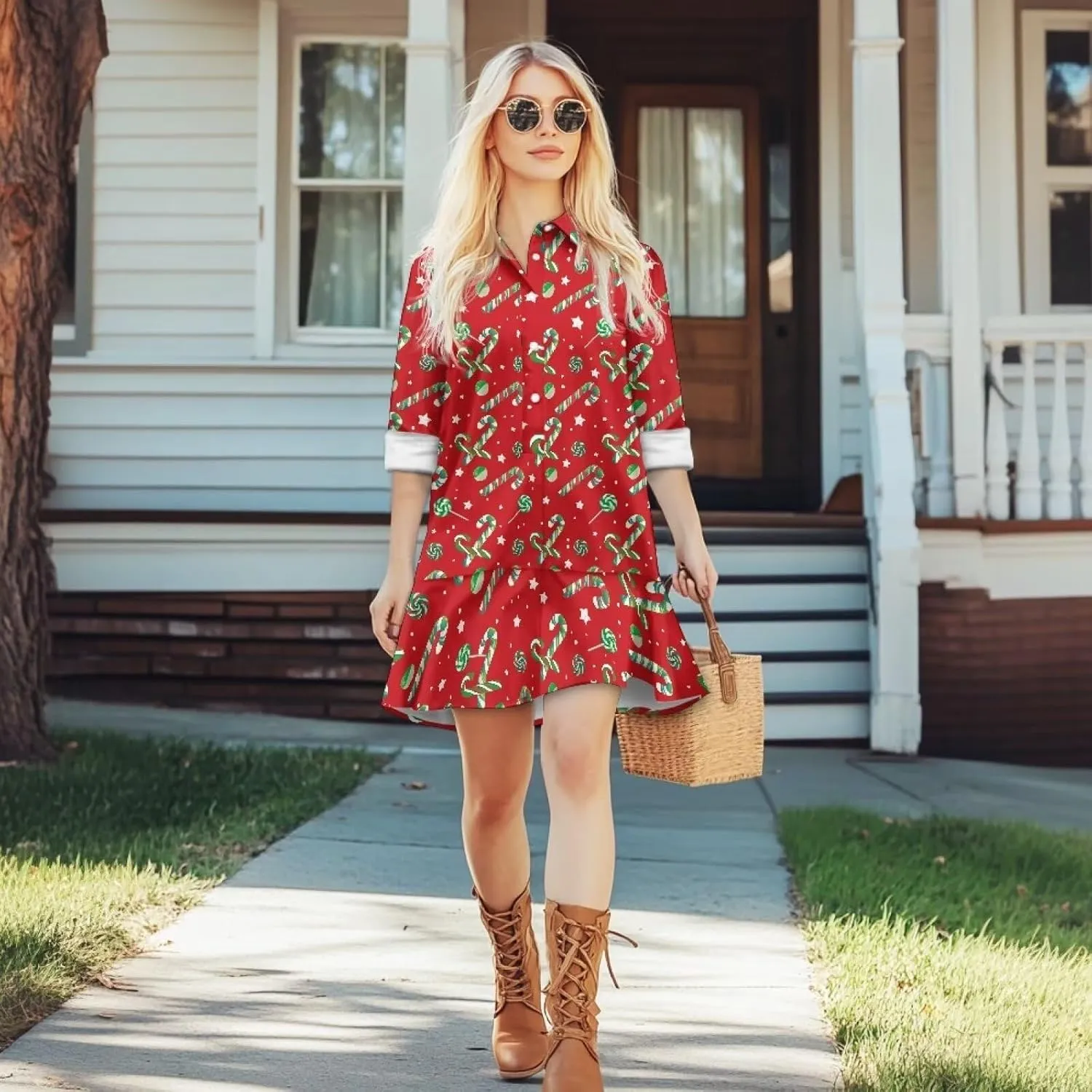 Women's Long Sleeve Button Down Shirt Dress Fashion Casual Flowy Mini Dress with Pockets Loose Ruffle Hem