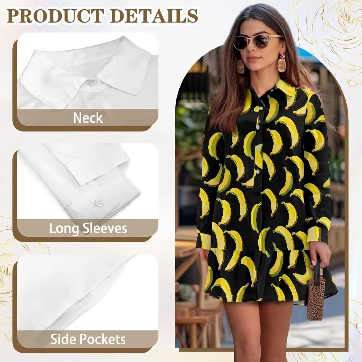 Women's Long Sleeve Button Down Shirt Dress Fashion Casual Flowy Mini Dress with Pockets Loose Ruffle Hem