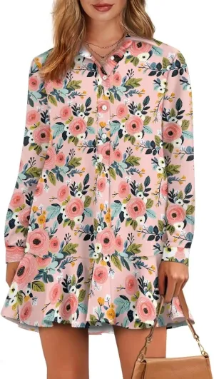 Women's Long Sleeve Button Down Shirt Dress Fashion Casual Flowy Mini Dress with Pockets Loose Ruffle Hem