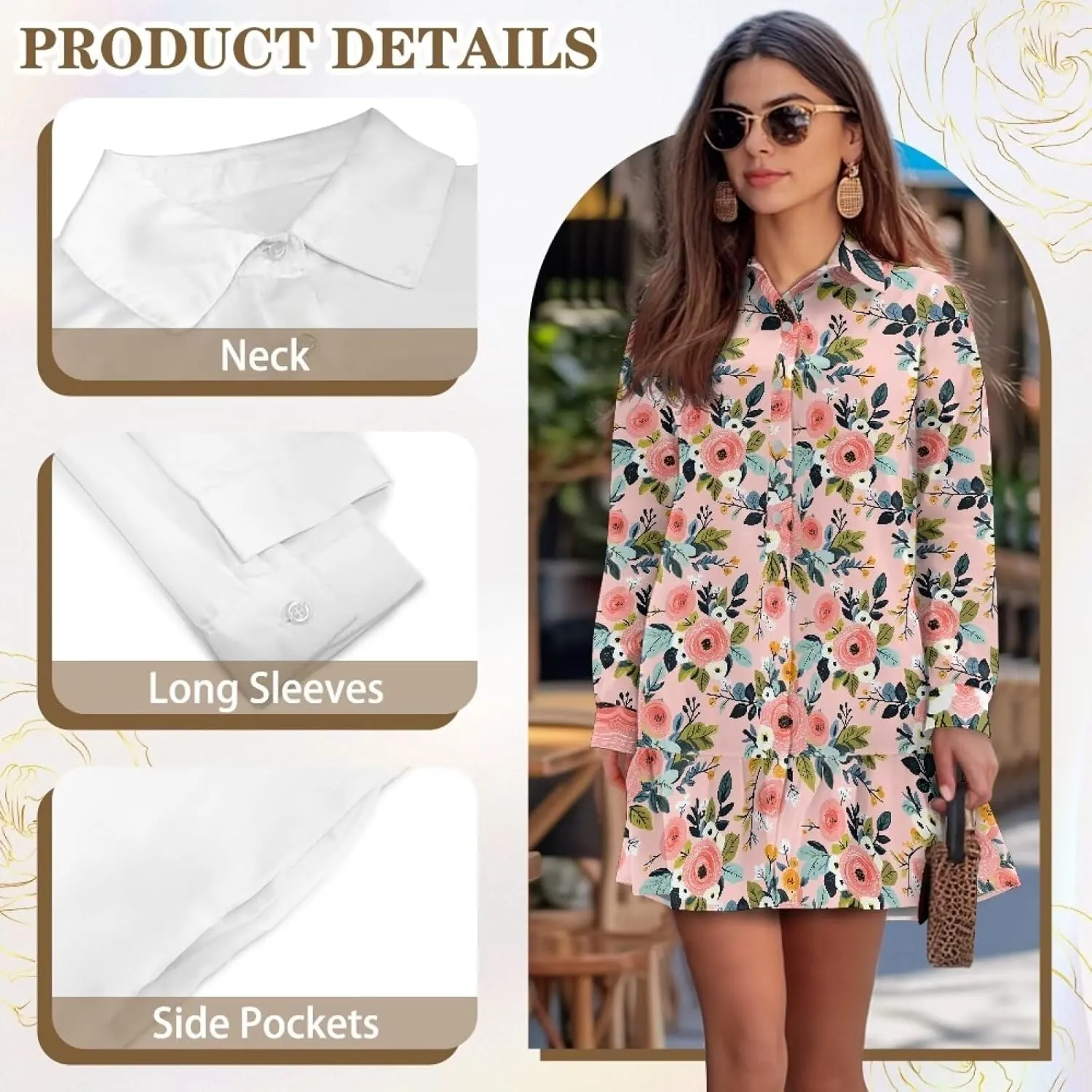 Women's Long Sleeve Button Down Shirt Dress Fashion Casual Flowy Mini Dress with Pockets Loose Ruffle Hem