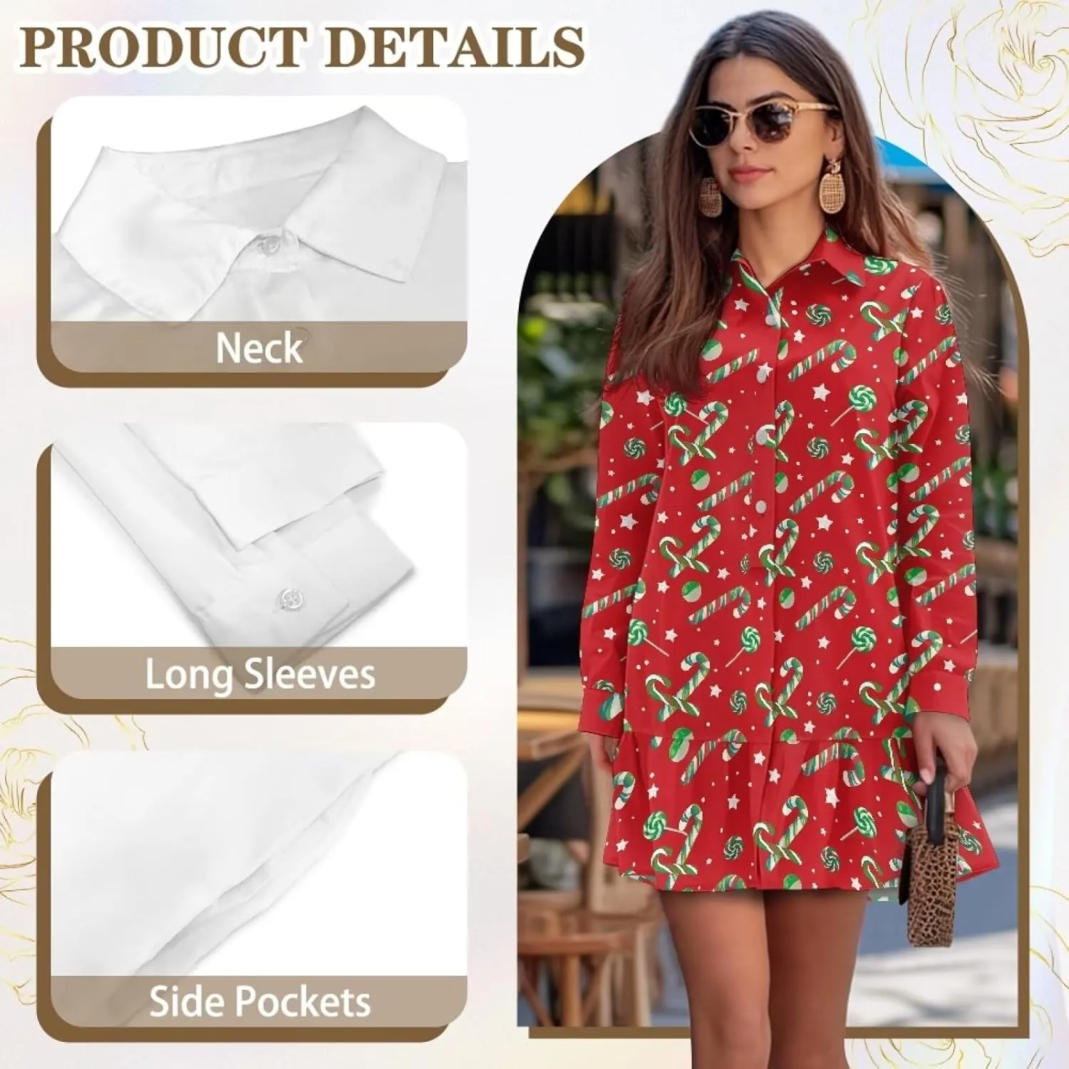 Women's Long Sleeve Button Down Shirt Dress Fashion Casual Flowy Mini Dress with Pockets Loose Ruffle Hem