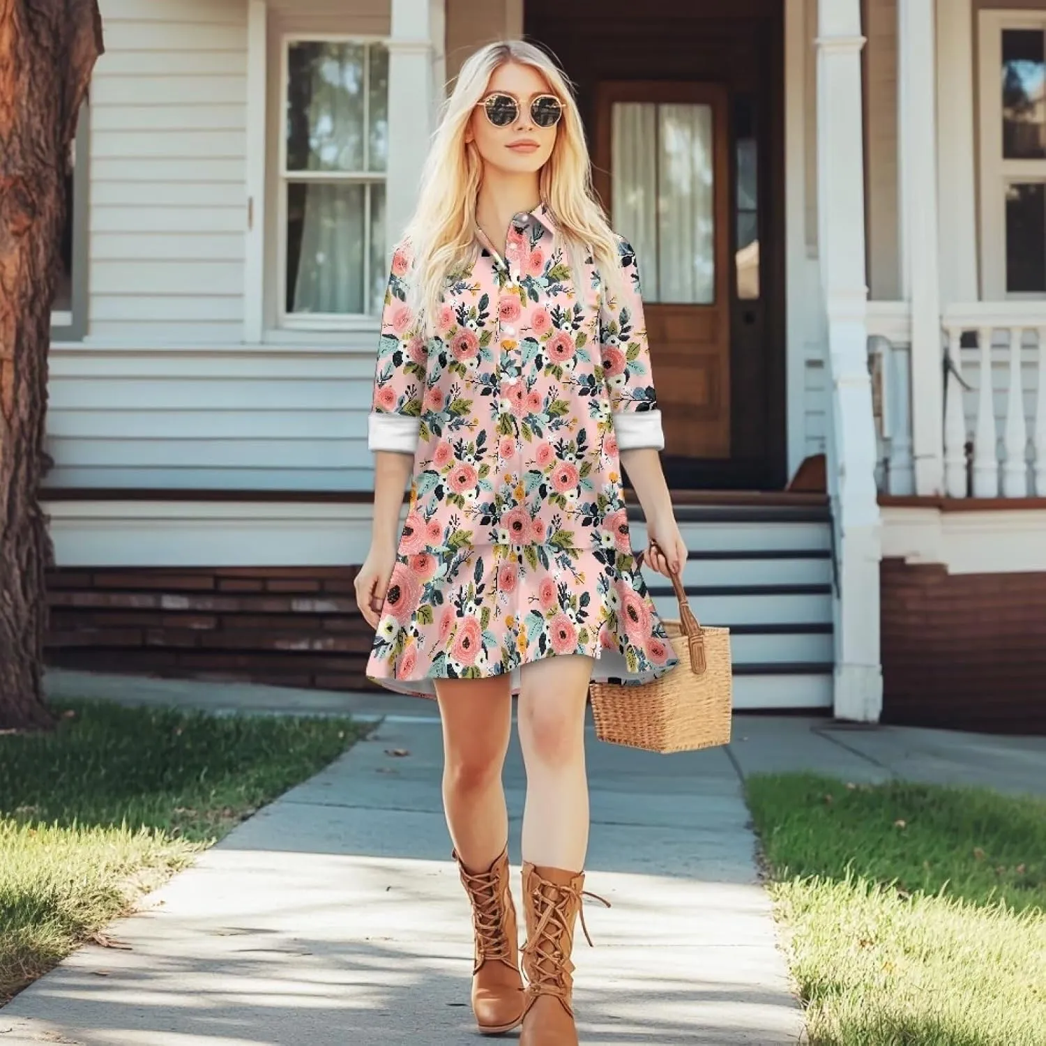 Women's Long Sleeve Button Down Shirt Dress Fashion Casual Flowy Mini Dress with Pockets Loose Ruffle Hem