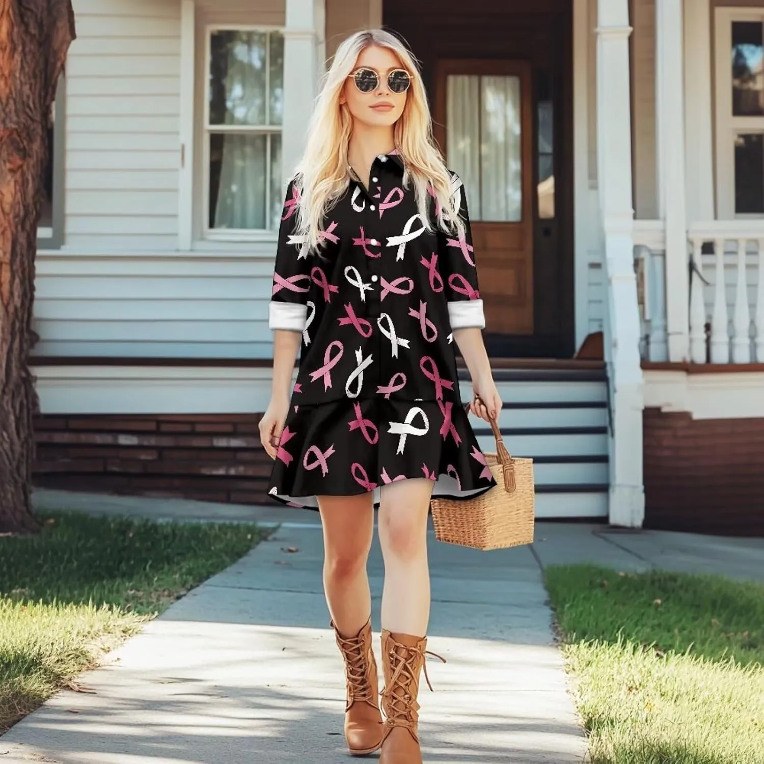 Women's Long Sleeve Button Down Shirt Dress Fashion Casual Flowy Mini Dress with Pockets Loose Ruffle Hem