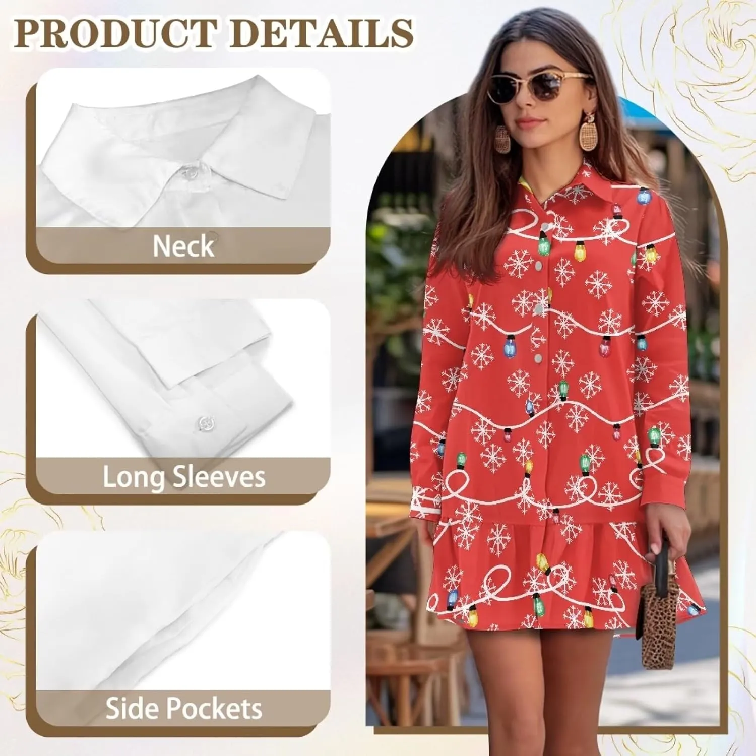 Women's Long Sleeve Button Down Shirt Dress Fashion Casual Flowy Mini Dress with Pockets Loose Ruffle Hem