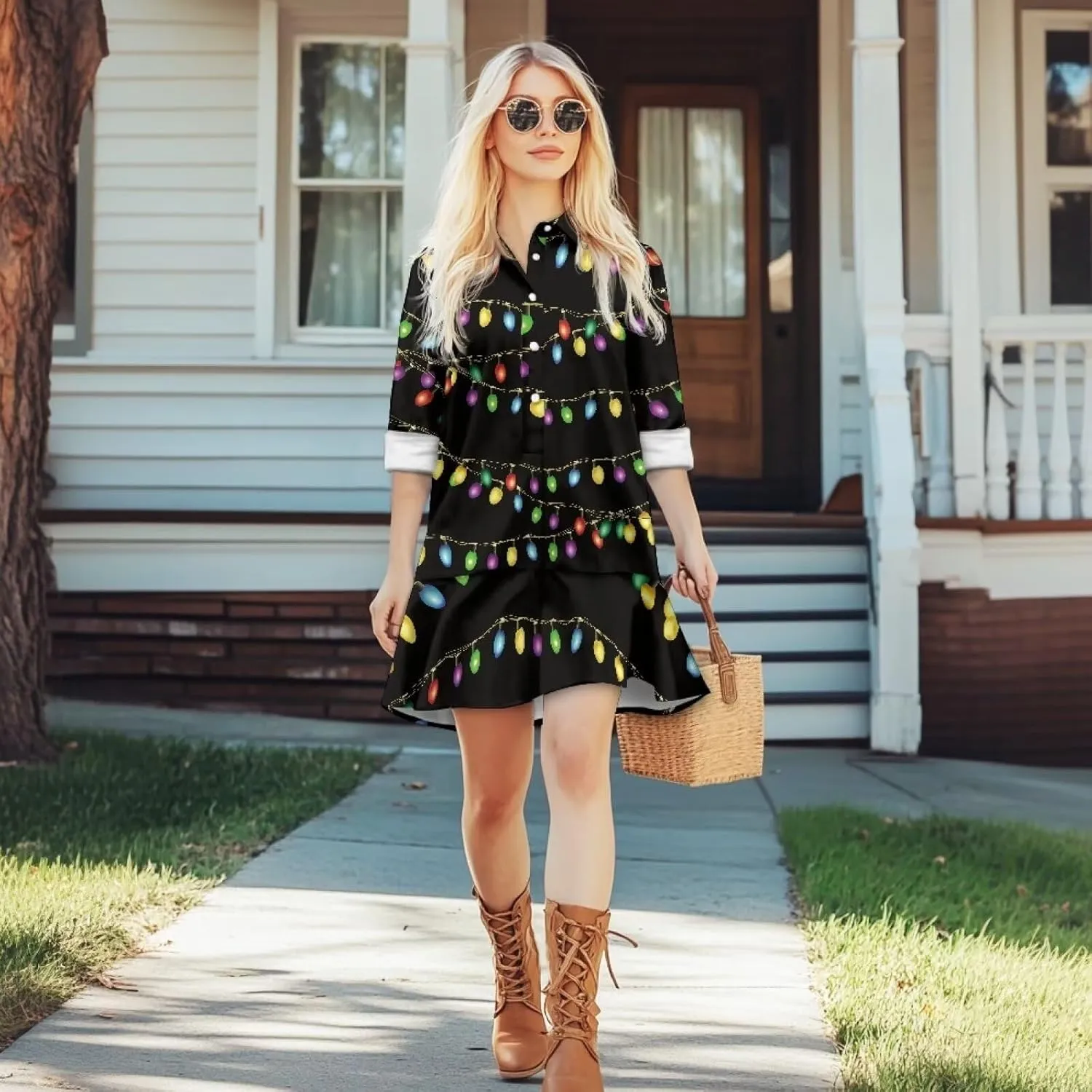 Women's Long Sleeve Button Down Shirt Dress Fashion Casual Flowy Mini Dress with Pockets Loose Ruffle Hem