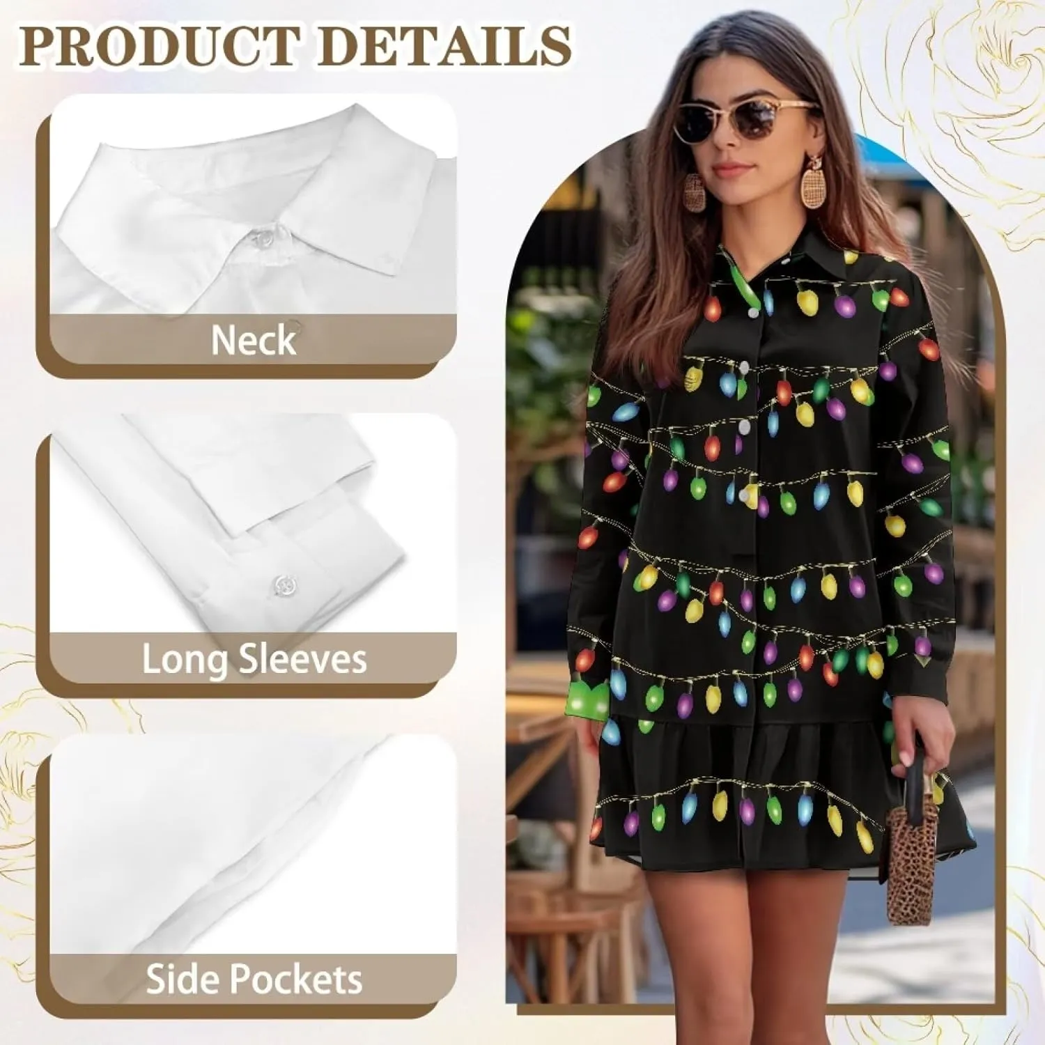 Women's Long Sleeve Button Down Shirt Dress Fashion Casual Flowy Mini Dress with Pockets Loose Ruffle Hem