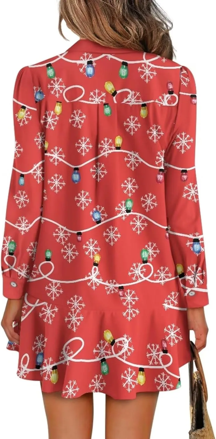 Women's Long Sleeve Button Down Shirt Dress Fashion Casual Flowy Mini Dress with Pockets Loose Ruffle Hem