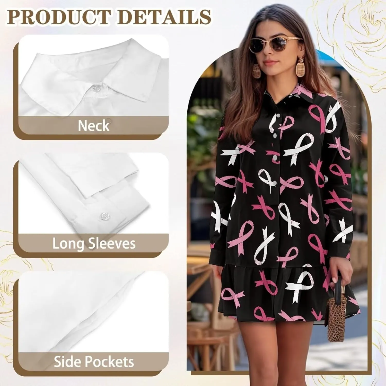 Women's Long Sleeve Button Down Shirt Dress Fashion Casual Flowy Mini Dress with Pockets Loose Ruffle Hem