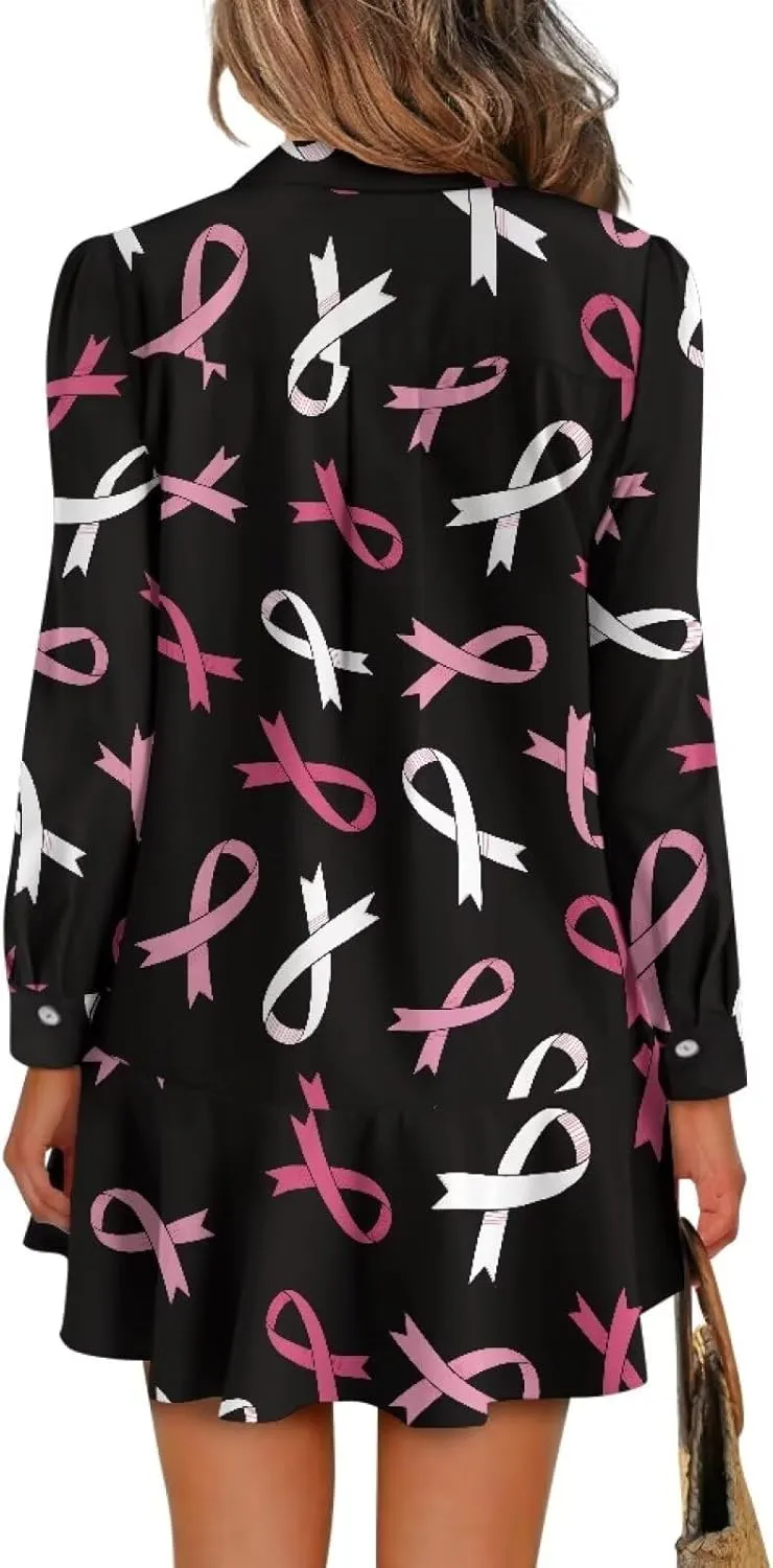 Women's Long Sleeve Button Down Shirt Dress Fashion Casual Flowy Mini Dress with Pockets Loose Ruffle Hem