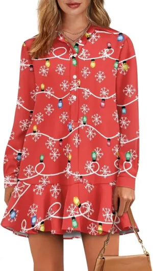 Women's Long Sleeve Button Down Shirt Dress Fashion Casual Flowy Mini Dress with Pockets Loose Ruffle Hem