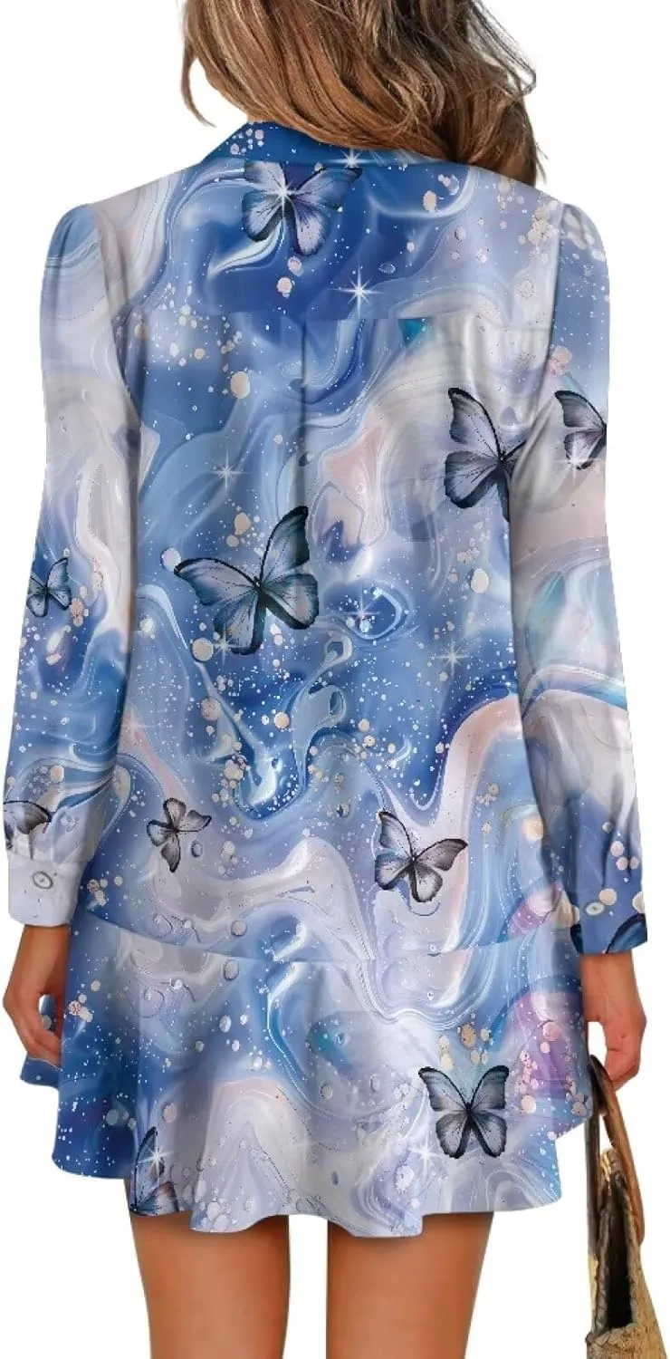 Women's Long Sleeve Button Down Shirt Dress Trendy Casual Flowy Mini Dress with Pockets Loose Ruffle Hem