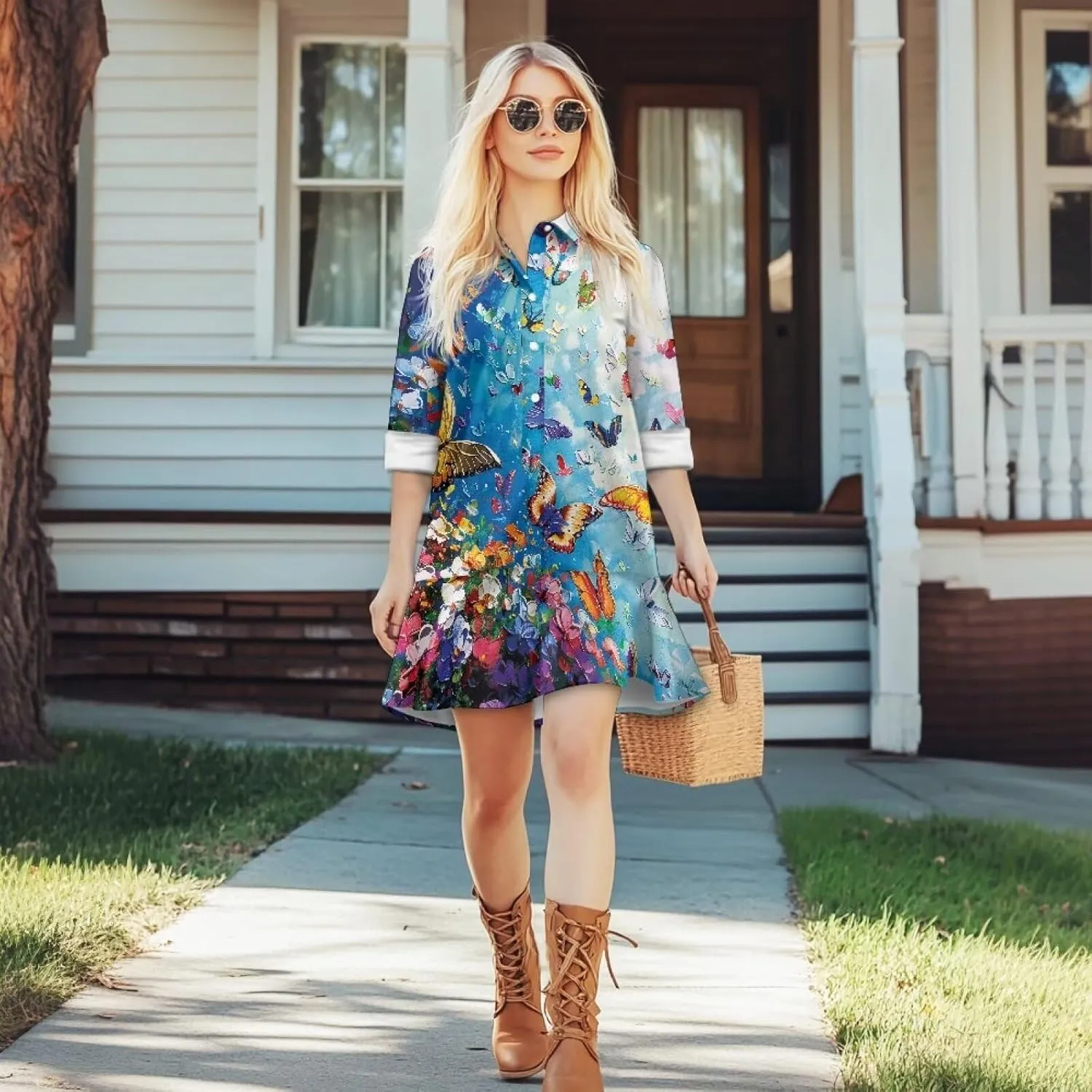Women's Long Sleeve Button Down Shirt Dress Trendy Casual Flowy Mini Dress with Pockets Loose Ruffle Hem