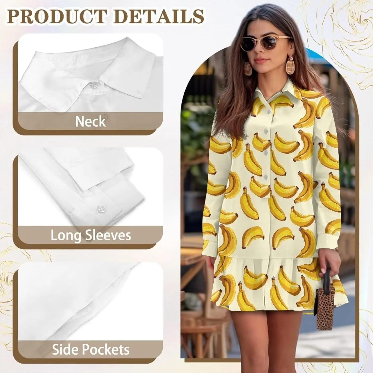 Women's Long Sleeve Button Down Shirt Dress Trendy Casual Flowy Mini Dress with Pockets Loose Ruffle Hem