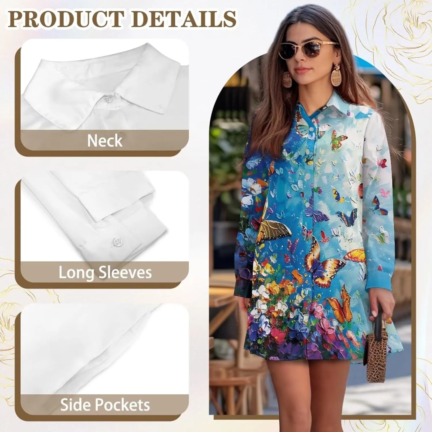 Women's Long Sleeve Button Down Shirt Dress Trendy Casual Flowy Mini Dress with Pockets Loose Ruffle Hem