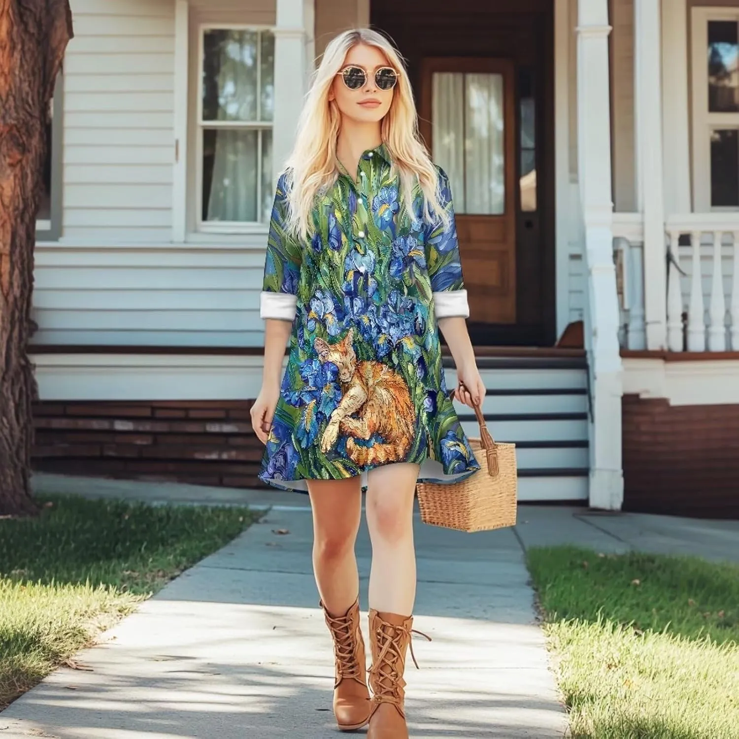 Women's Long Sleeve Button Down Shirt Dress Trendy Casual Flowy Mini Dress with Pockets Loose Ruffle Hem