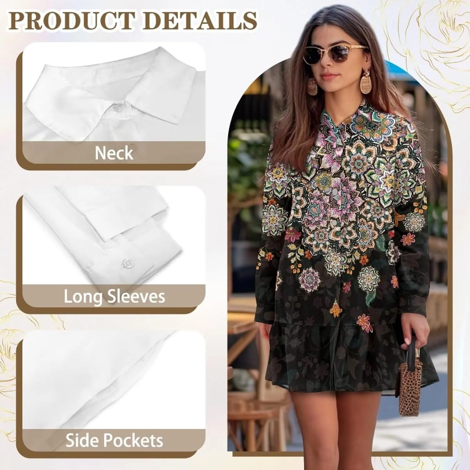 Women's Long Sleeve Button Down Shirt Dress Trendy Casual Flowy Mini Dress with Pockets Loose Ruffle Hem