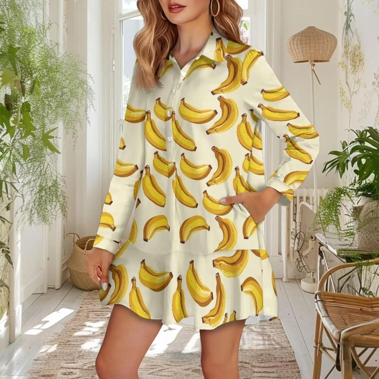 Women's Long Sleeve Button Down Shirt Dress Trendy Casual Flowy Mini Dress with Pockets Loose Ruffle Hem