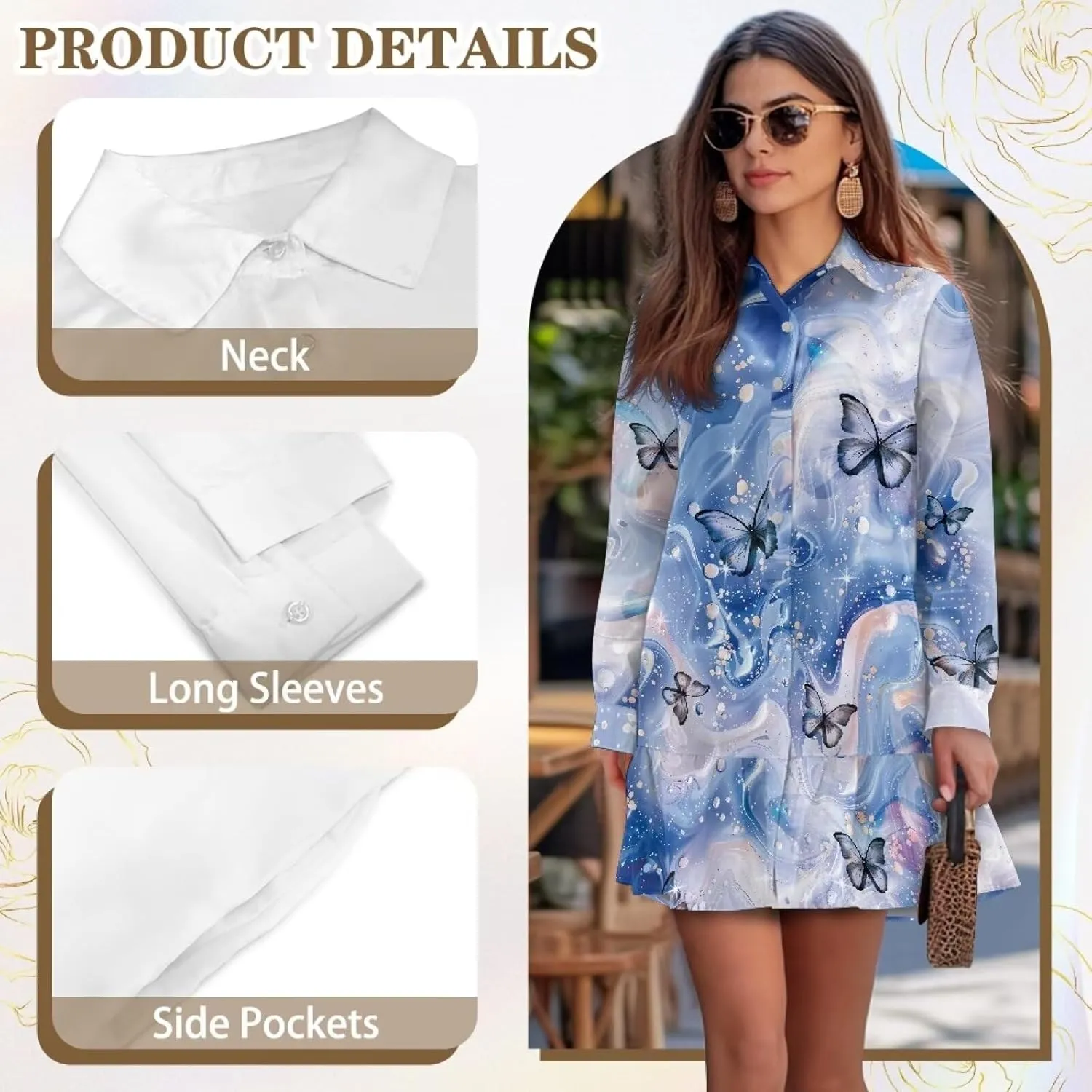 Women's Long Sleeve Button Down Shirt Dress Trendy Casual Flowy Mini Dress with Pockets Loose Ruffle Hem
