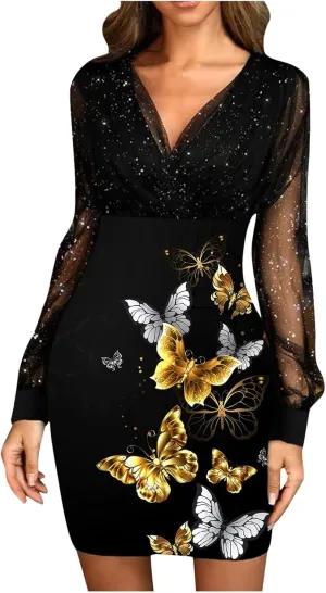 Women's Long Sleeve Dress Casual Fall Dress V-Neck Print Sexy Mini Dress