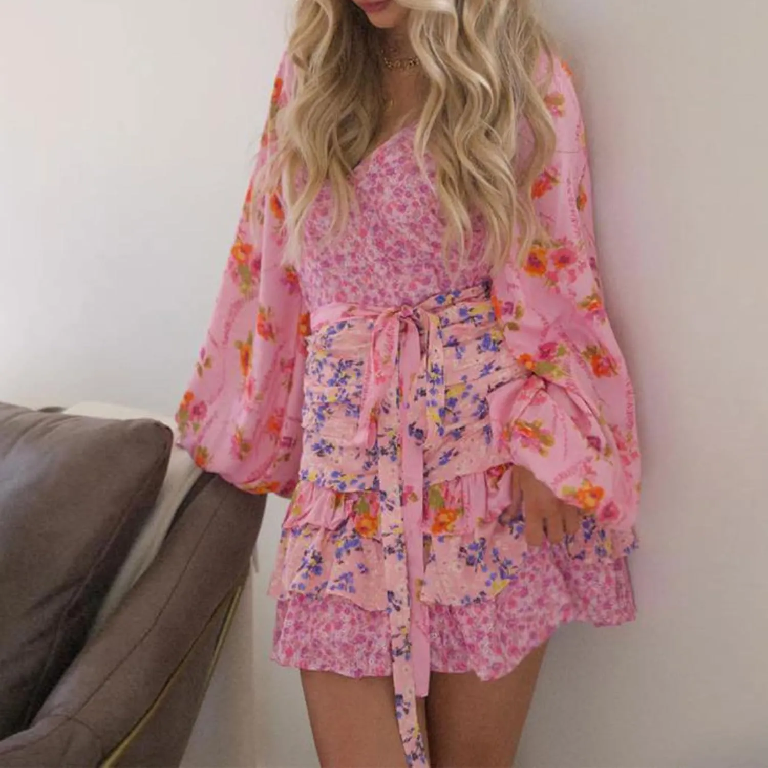Women's Long Sleeve Floral Mini Dress V-Neck Lantern Sleeve Layered Ruffle Summer Sundress with Belt