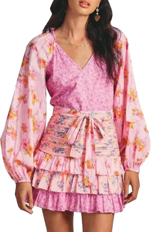 Women's Long Sleeve Floral Mini Dress V-Neck Lantern Sleeve Layered Ruffle Summer Sundress with Belt