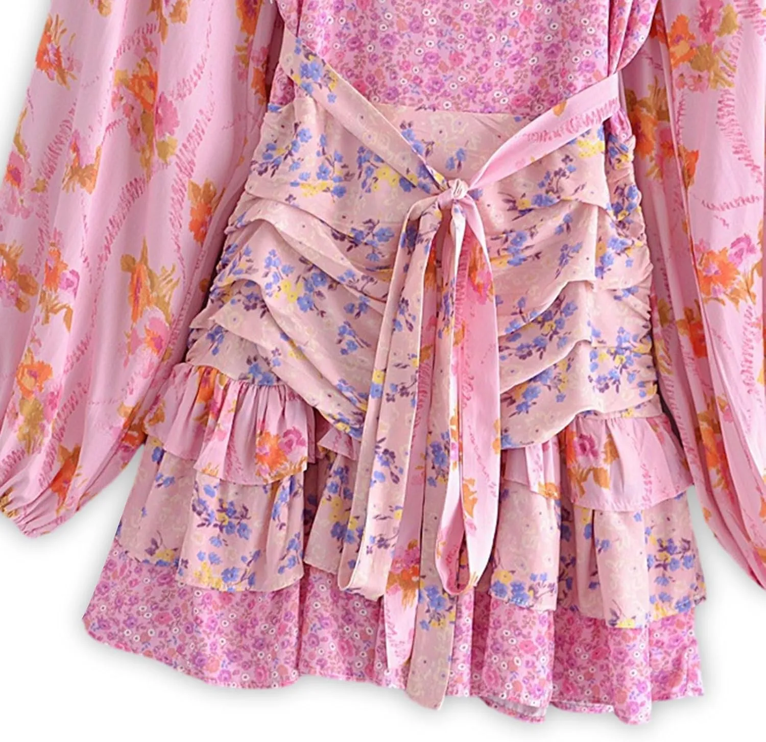 Women's Long Sleeve Floral Mini Dress V-Neck Lantern Sleeve Layered Ruffle Summer Sundress with Belt