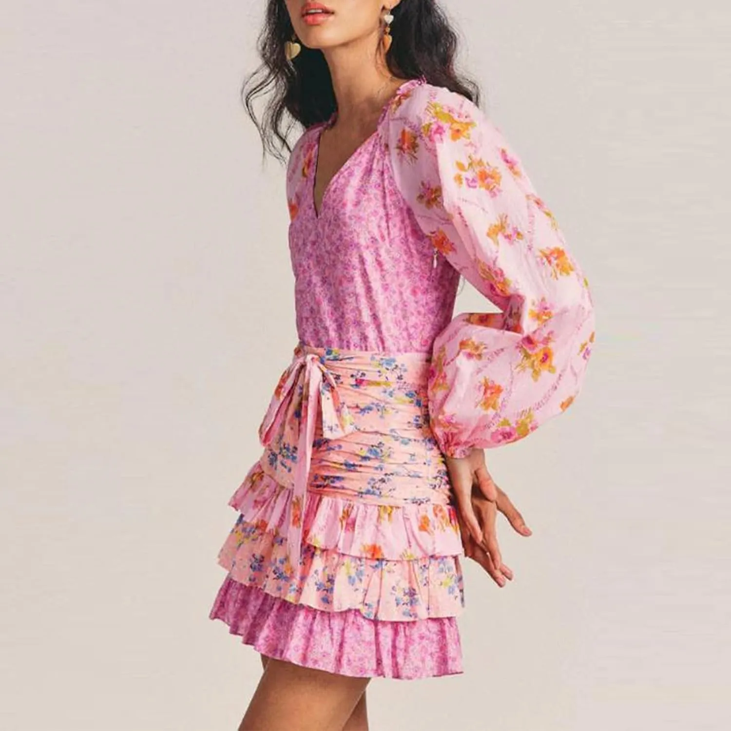 Women's Long Sleeve Floral Mini Dress V Neck Layer Ruffle A-Line Short Dress for Beach Party Club Streetwear