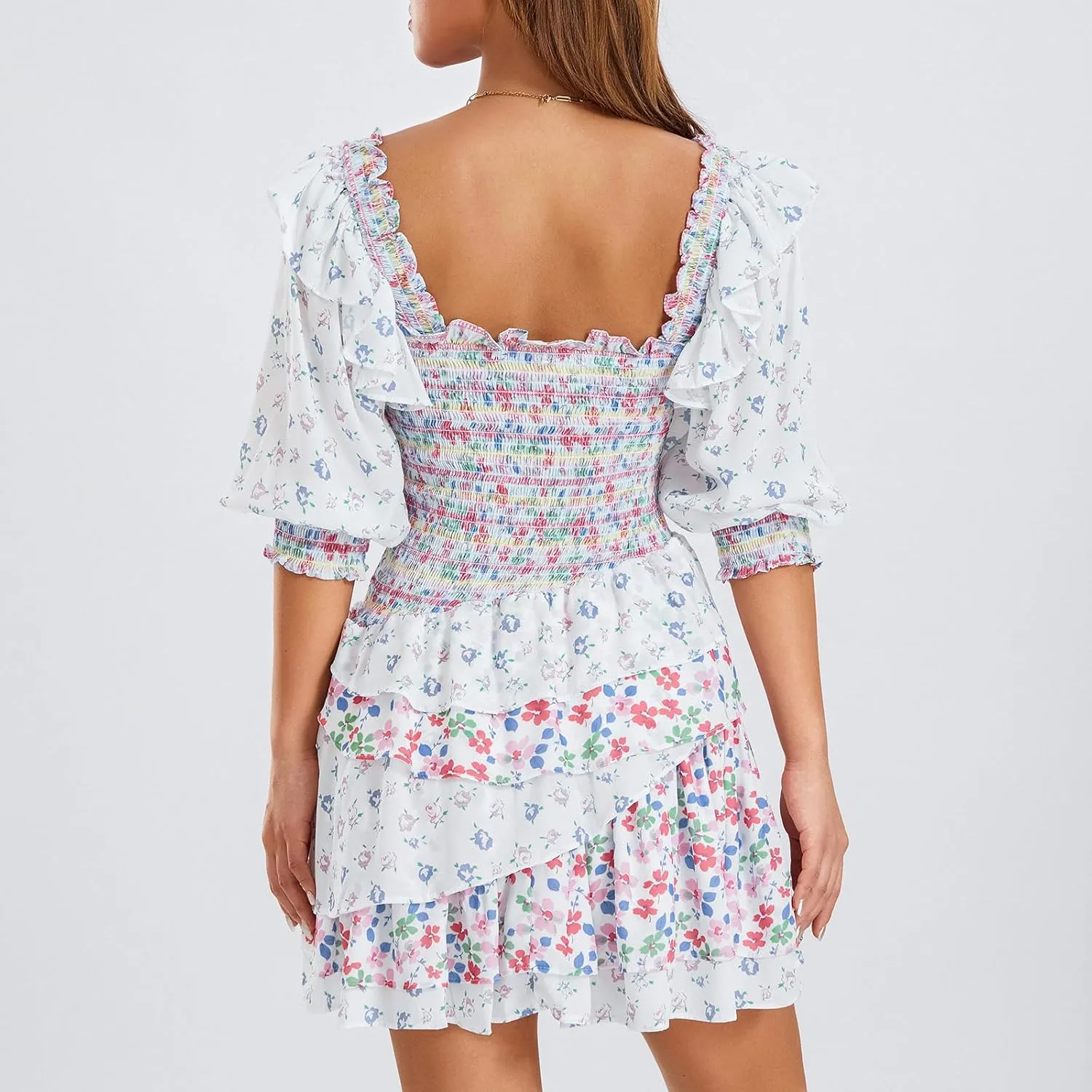 Women's Long Sleeve Floral Mini Dress V Neck Layer Ruffle A-Line Short Dress for Beach Party Club Streetwear