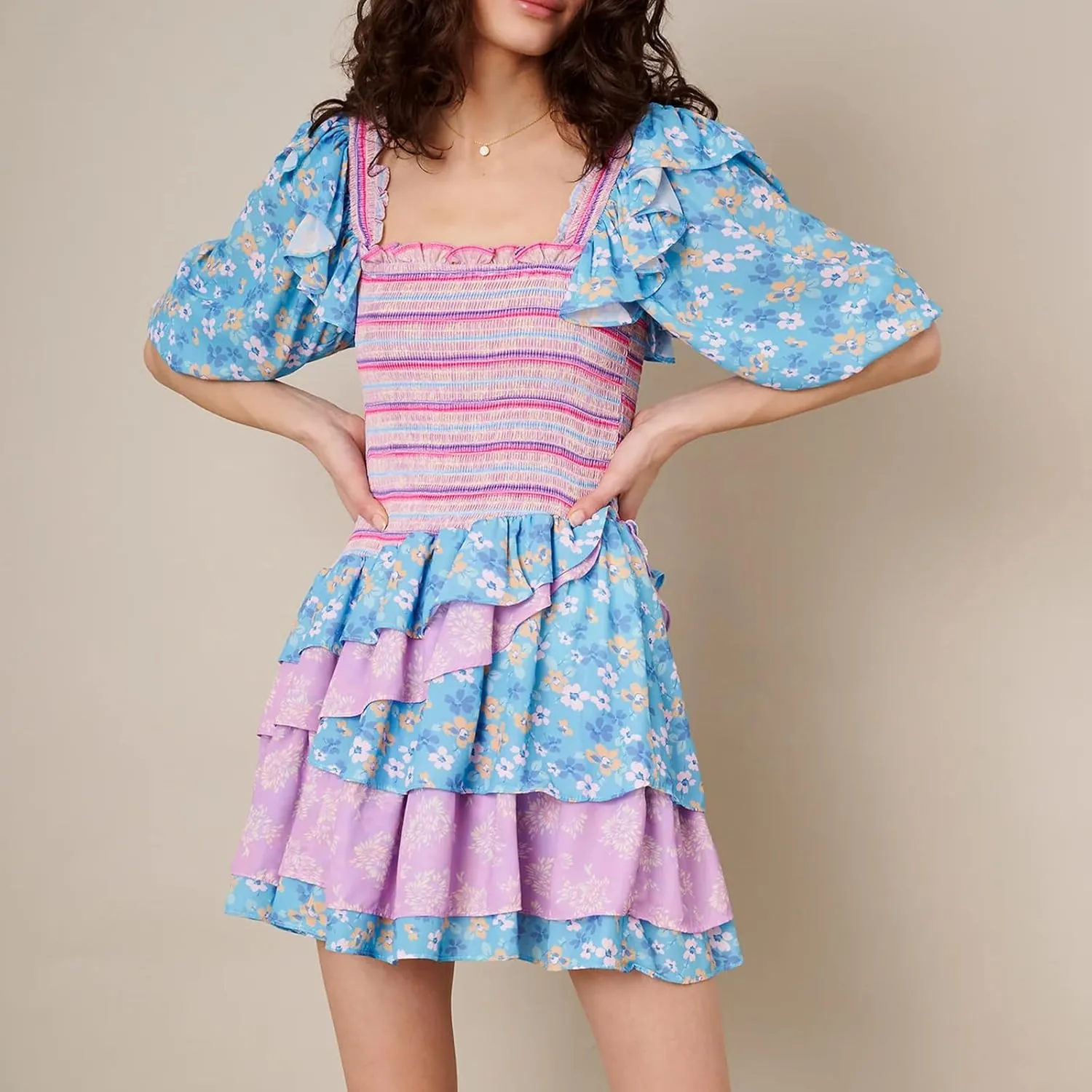 Women's Long Sleeve Floral Mini Dress V Neck Layer Ruffle A-Line Short Dress for Beach Party Club Streetwear