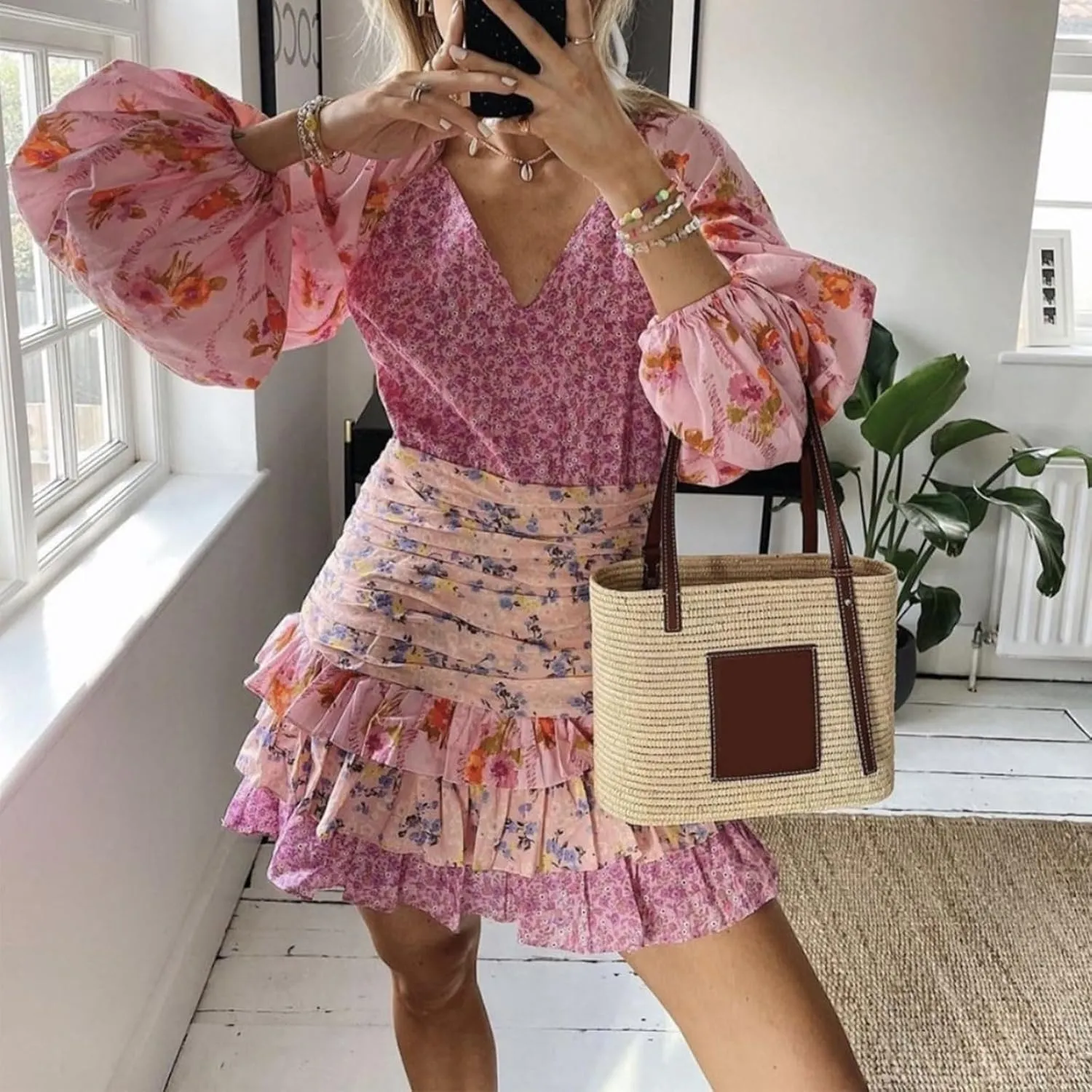 Women's Long Sleeve Floral Mini Dress V Neck Layer Ruffle A-Line Short Dress for Beach Party Club Streetwear