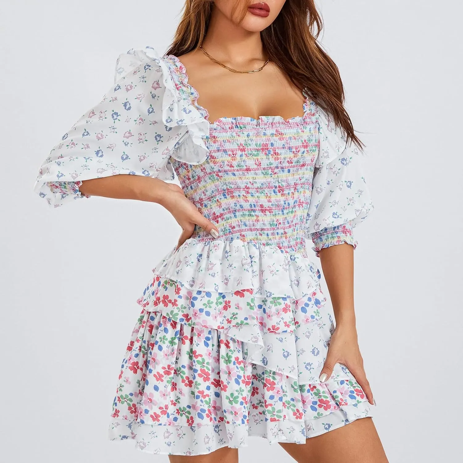 Women's Long Sleeve Floral Mini Dress V Neck Layer Ruffle A-Line Short Dress for Beach Party Club Streetwear