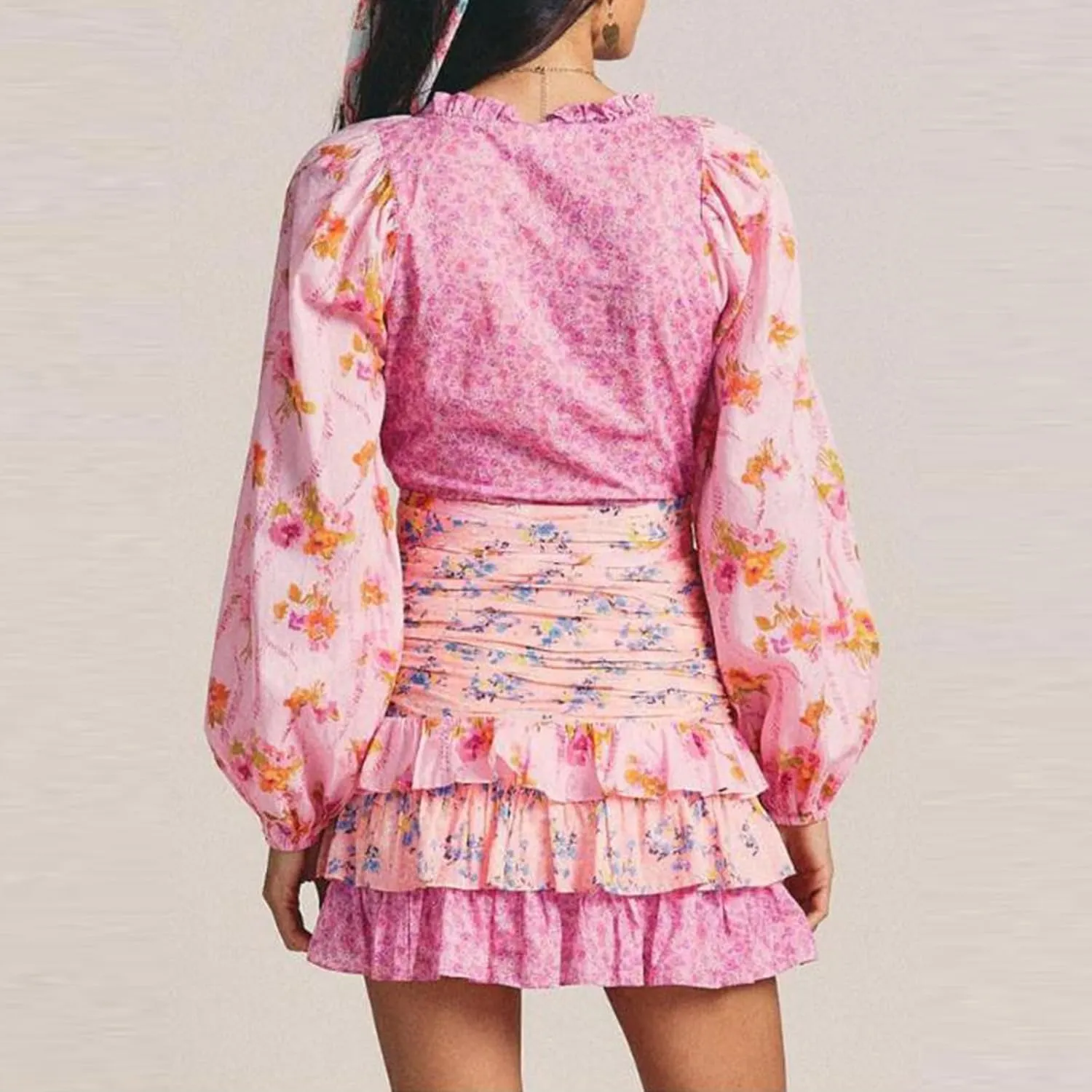Women's Long Sleeve Floral Mini Dress V Neck Layer Ruffle A-Line Short Dress for Beach Party Club Streetwear