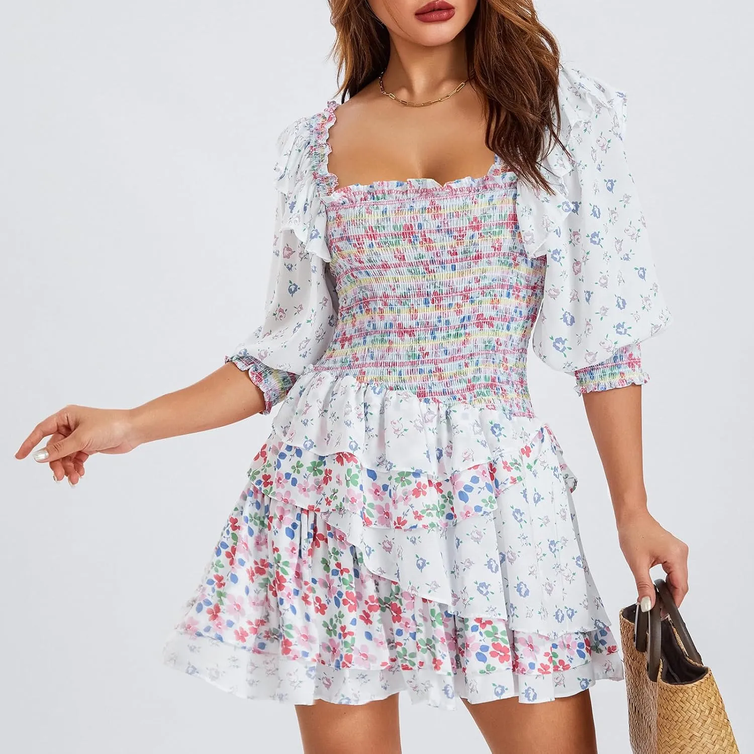 Women's Long Sleeve Floral Mini Dress V Neck Layer Ruffle A-Line Short Dress for Beach Party Club Streetwear