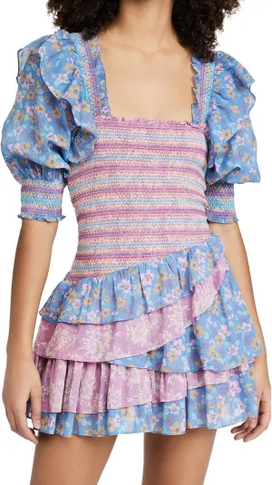 Women's Long Sleeve Floral Mini Dress V Neck Layer Ruffle A-Line Short Dress for Beach Party Club Streetwear