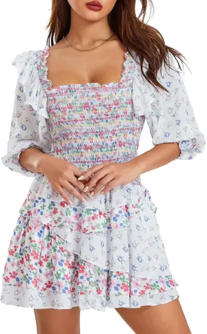 Women's Long Sleeve Floral Mini Dress V Neck Layer Ruffle A-Line Short Dress for Beach Party Club Streetwear
