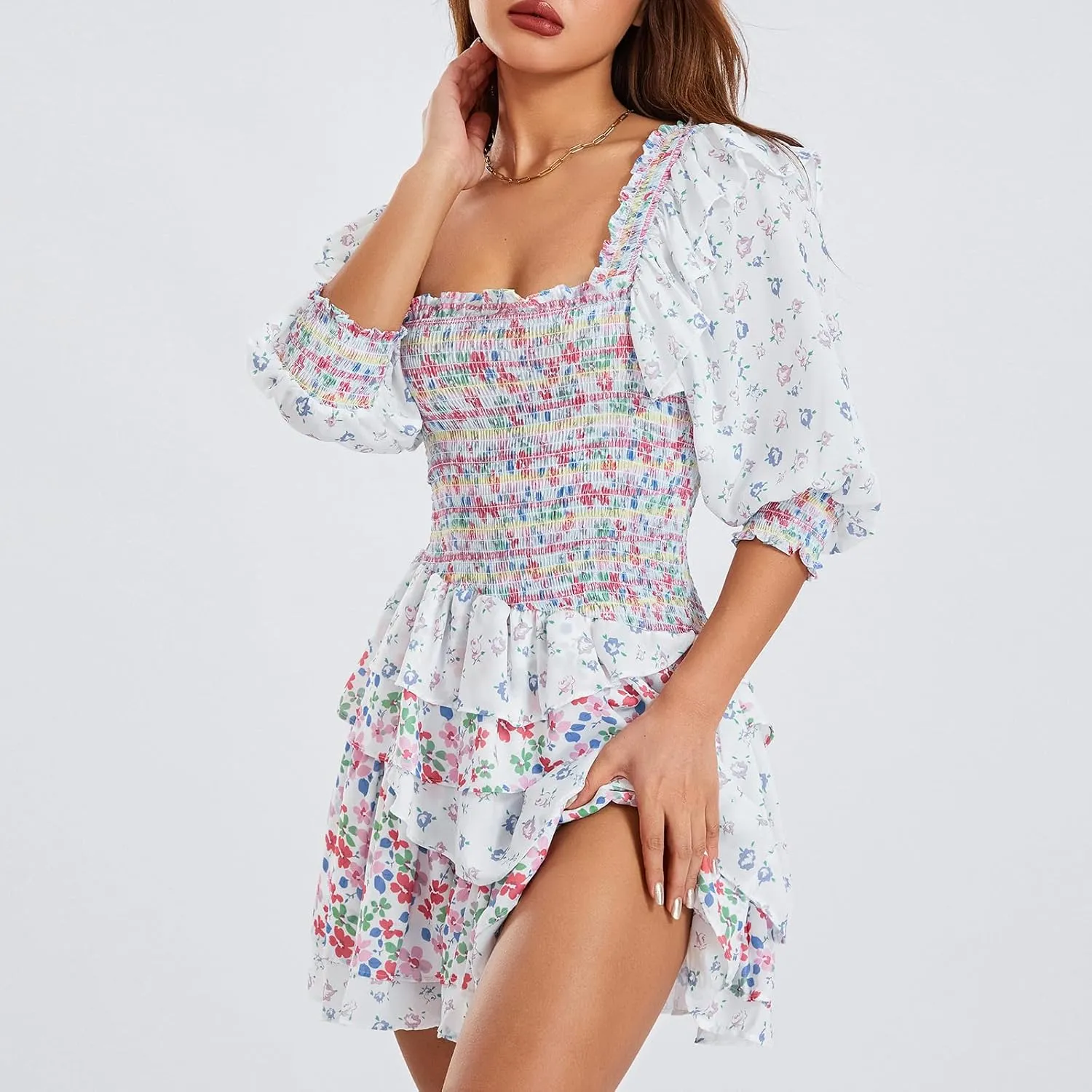 Women's Long Sleeve Floral Mini Dress V Neck Layer Ruffle A-Line Short Dress for Beach Party Club Streetwear