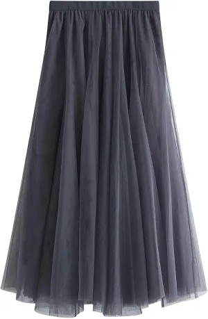 Women's Long Tulle Skirt Tutu Swing Skirts Pleated Maxi Petticoat High Elastic Waist Midi Skirt Flowing Big Hem Skirt
