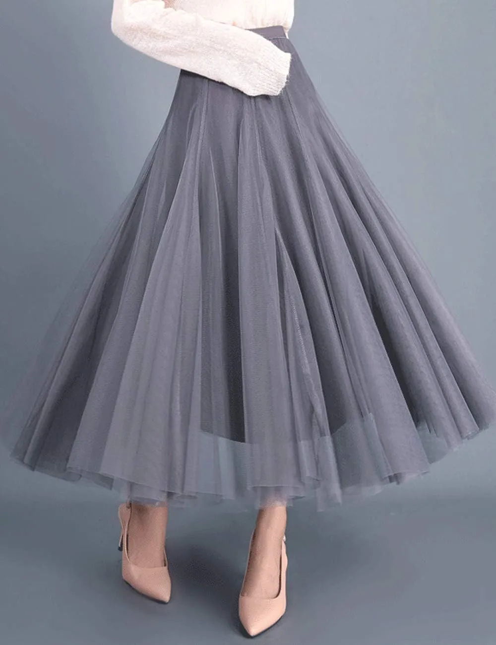Women's Long Tulle Skirt Tutu Swing Skirts Pleated Maxi Petticoat High Elastic Waist Midi Skirt Flowing Big Hem Skirt