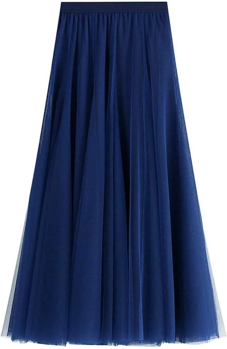 Women's Long Tulle Skirt Tutu Swing Skirts Pleated Maxi Petticoat High Elastic Waist Midi Skirt Flowing Big Hem Skirt