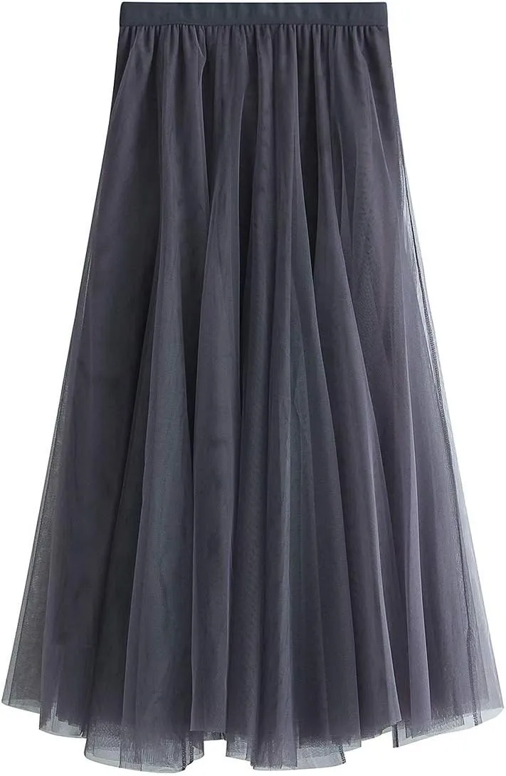 Women's Long Tulle Skirt Tutu Swing Skirts Pleated Maxi Petticoat High Elastic Waist Midi Skirt Flowing Big Hem Skirt