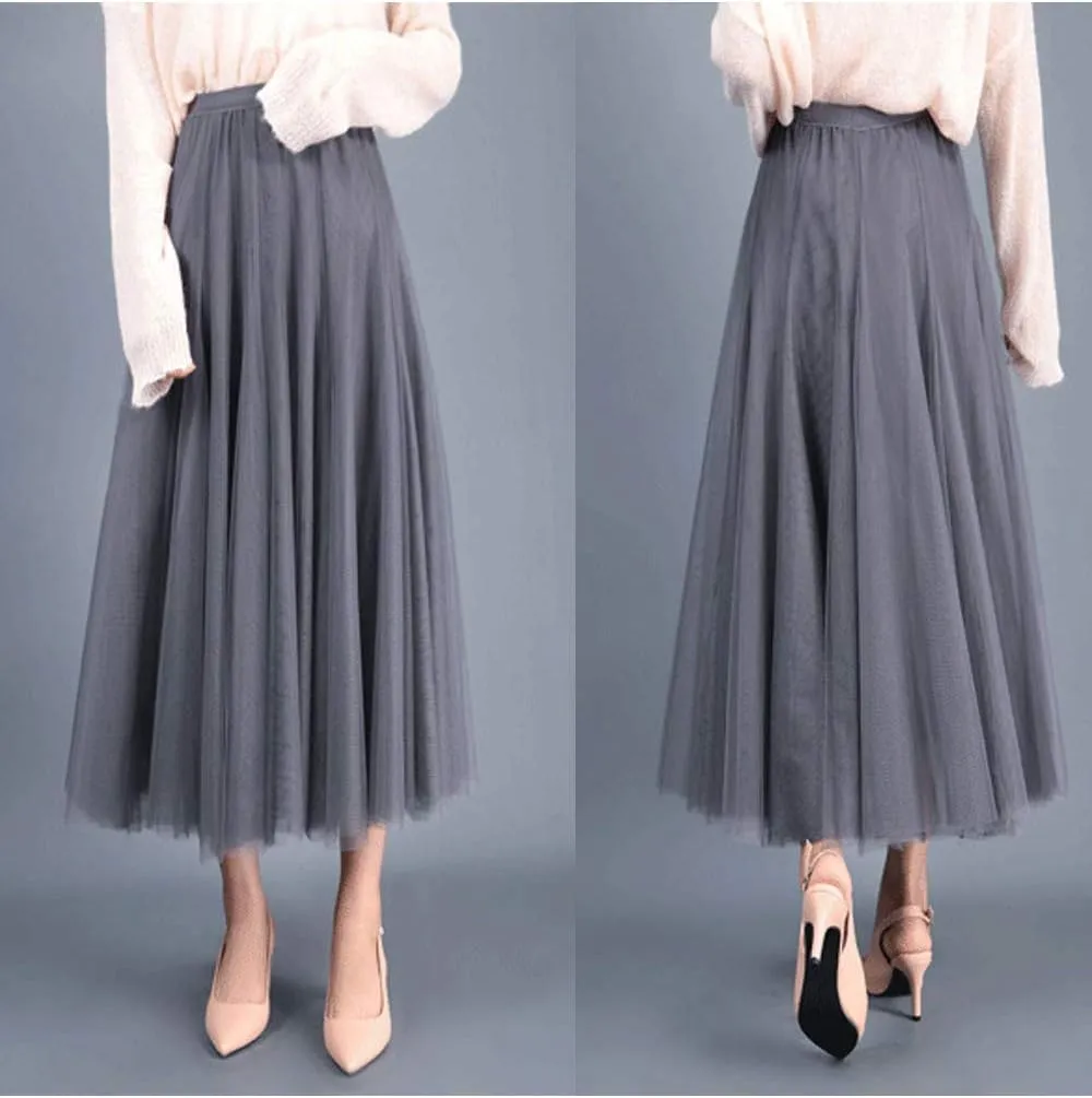 Women's Long Tulle Skirt Tutu Swing Skirts Pleated Maxi Petticoat High Elastic Waist Midi Skirt Flowing Big Hem Skirt